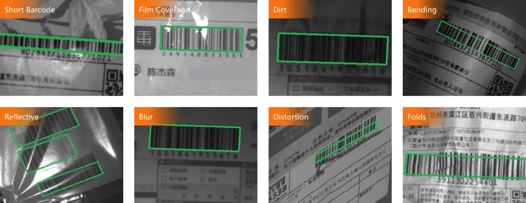ID6000 Series reading difficult barcodes with features such as: short barcode, film coverage, dirt, bending, reflective, blur, distortion, folds