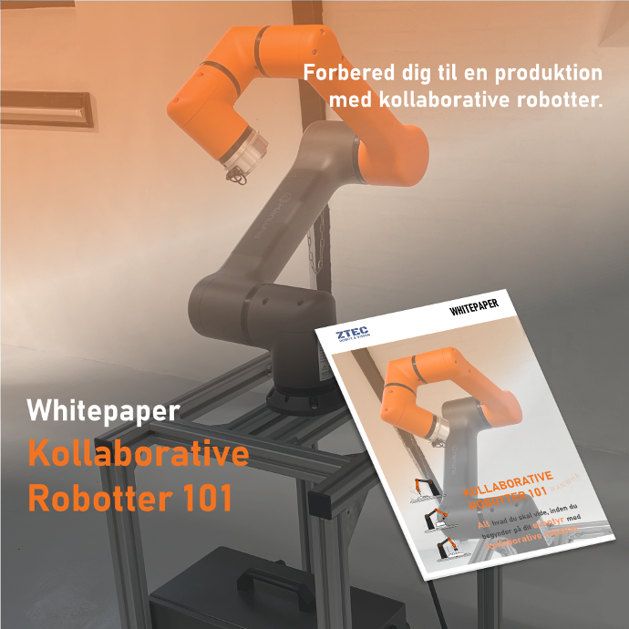 Forsiden til vores Whitepaper - Kollaborative Robotter 101 Whitepaper - Kollaborative Robotter 101 - Forbered dig til en produktion med Kollaborative robotter.